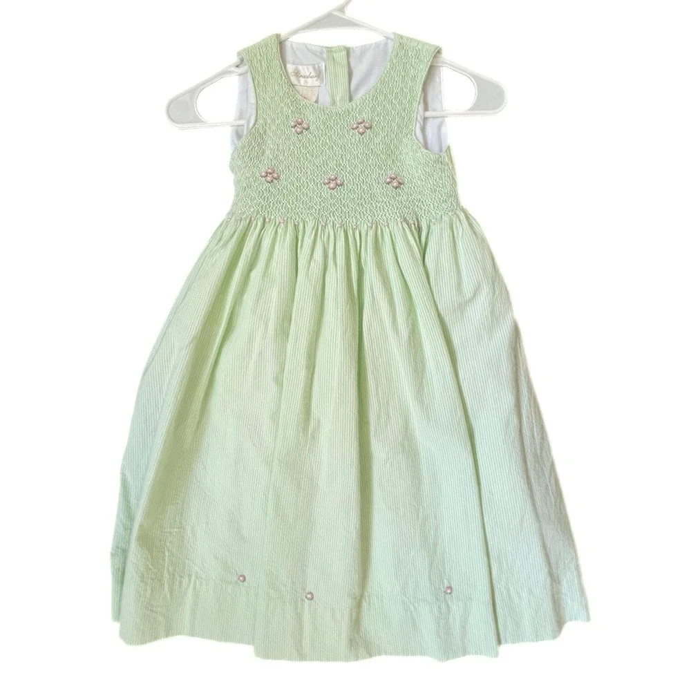 Vintage Strausburg Smocked Dress in Green Seersucker with Pink Roses - 5